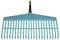 A blue lawn rake with plastic tines, suitable for collecting leaves and grass in the garden.