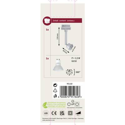 'Lamp' and 'Fitting' with product dimensions. 'Energy efficiency' and '360-degree rotatable'. Barcode below. 'Plastic-free packaging'.