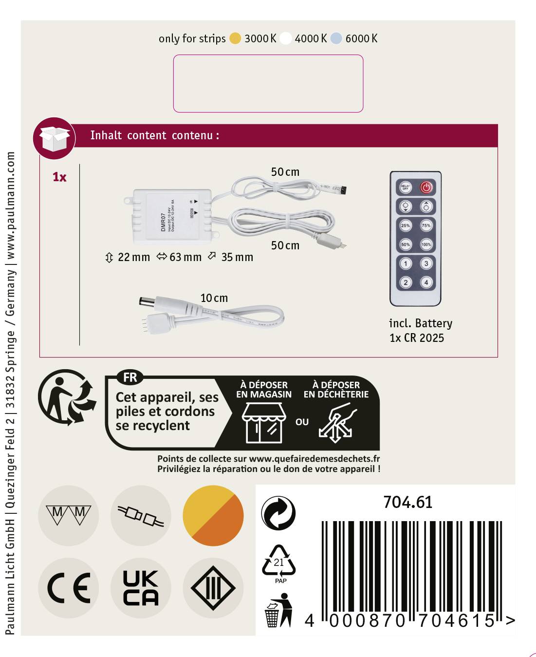 'LED control unit set with battery and remote control. Cables: 22 mm, 50 cm and 10 cm. Colour temperatures: 3000K, 4000K, 6000K.'