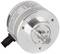 A silver optical rotary encoder with a black connection cable, used for precise position measurements in machinery.
