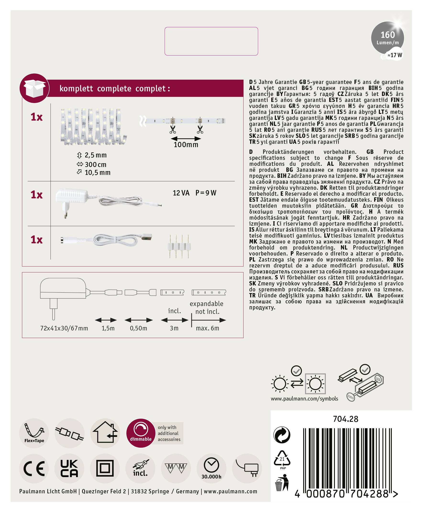 Packaging Reverse Side of an LED Light Strip: Includes Installation Components, Technical Specifications, Warranty Details, and Energy Information.