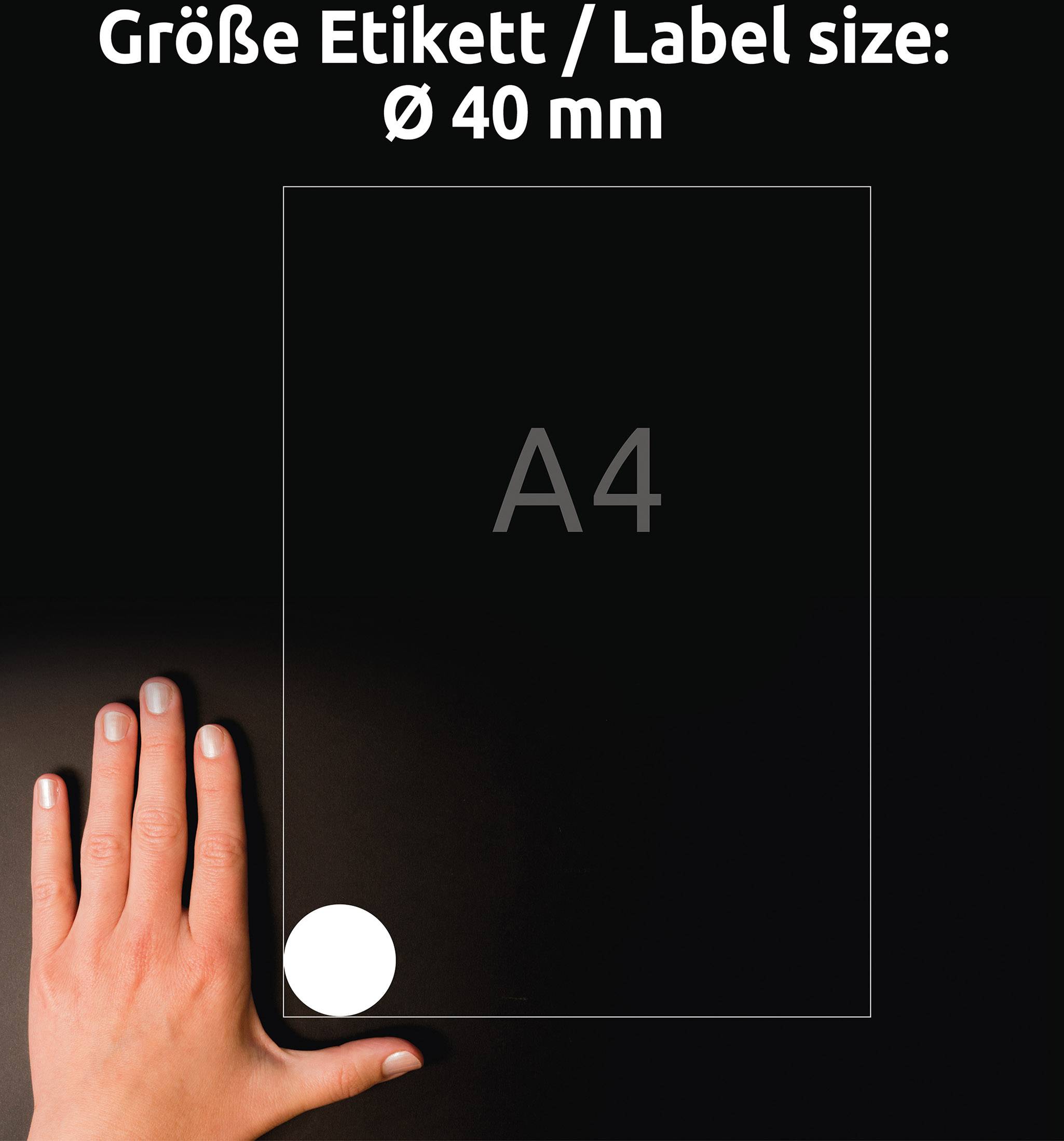 A hand lies next to an A4 sheet. On it, a white circle with a diameter of 40 mm. Text at the top of the image: 'Label size: Ø 40 mm'.