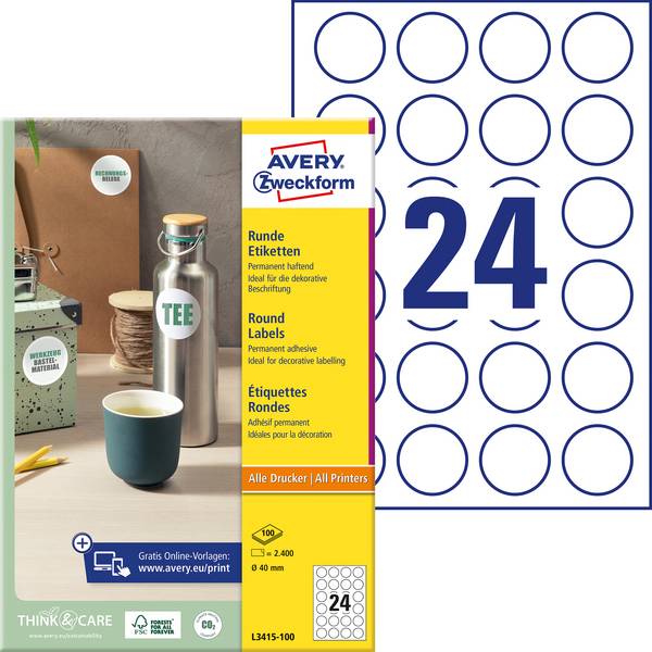 Avery-Zweckform L3415-100 All-purpose labels Ø 40 mm Paper White 2400 pc(s) Permanent adhesive Inkjet printer, Laser printer, Laser, colour, Copier, Colour copier, Manual labeling