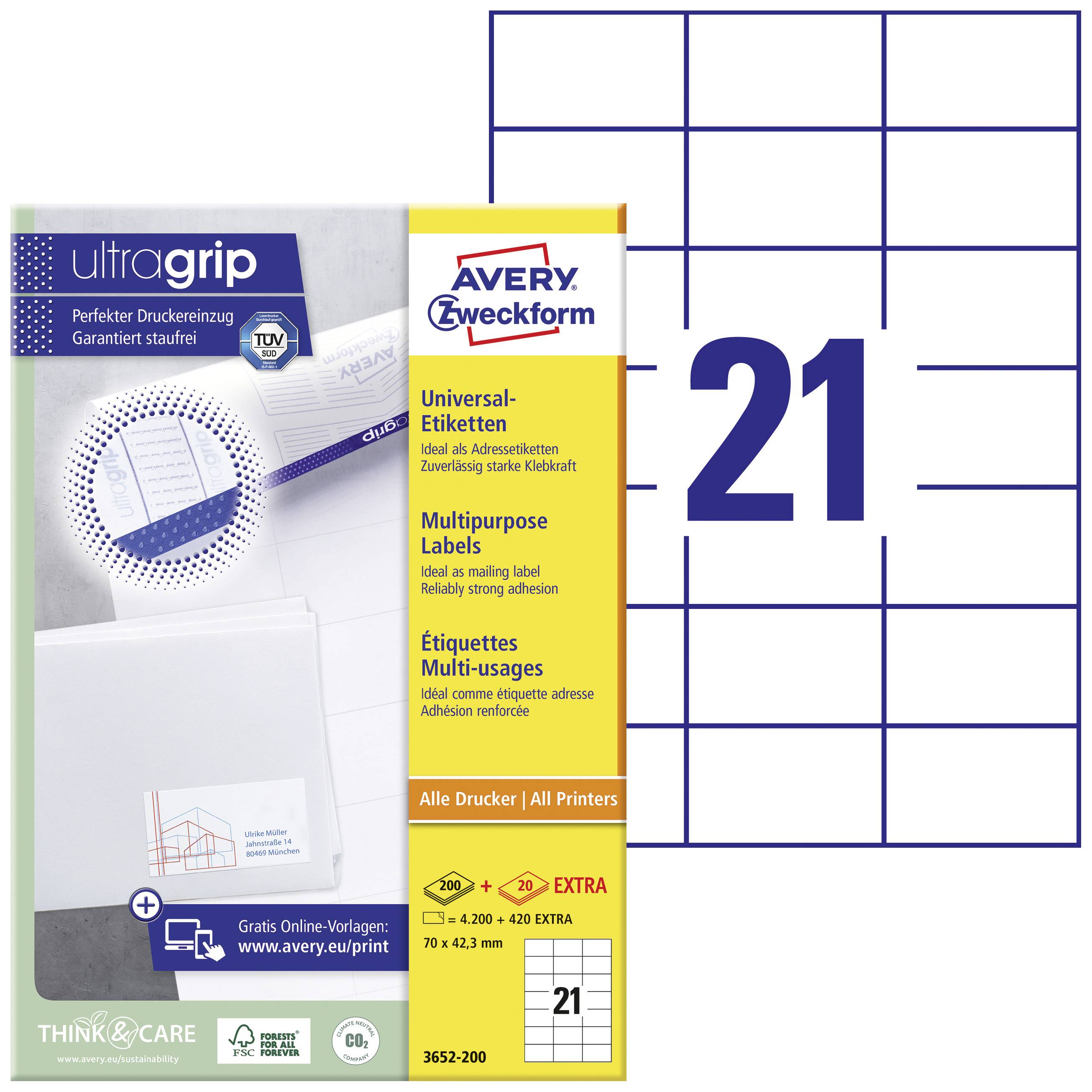 Avery-Zweckform 3652-200 All-purpose labels 70 x 42.3 mm Paper White 4620 pc(s) Permanent adhesive Inkjet printer, Laser printer, Laser, colour, Copier, Colour