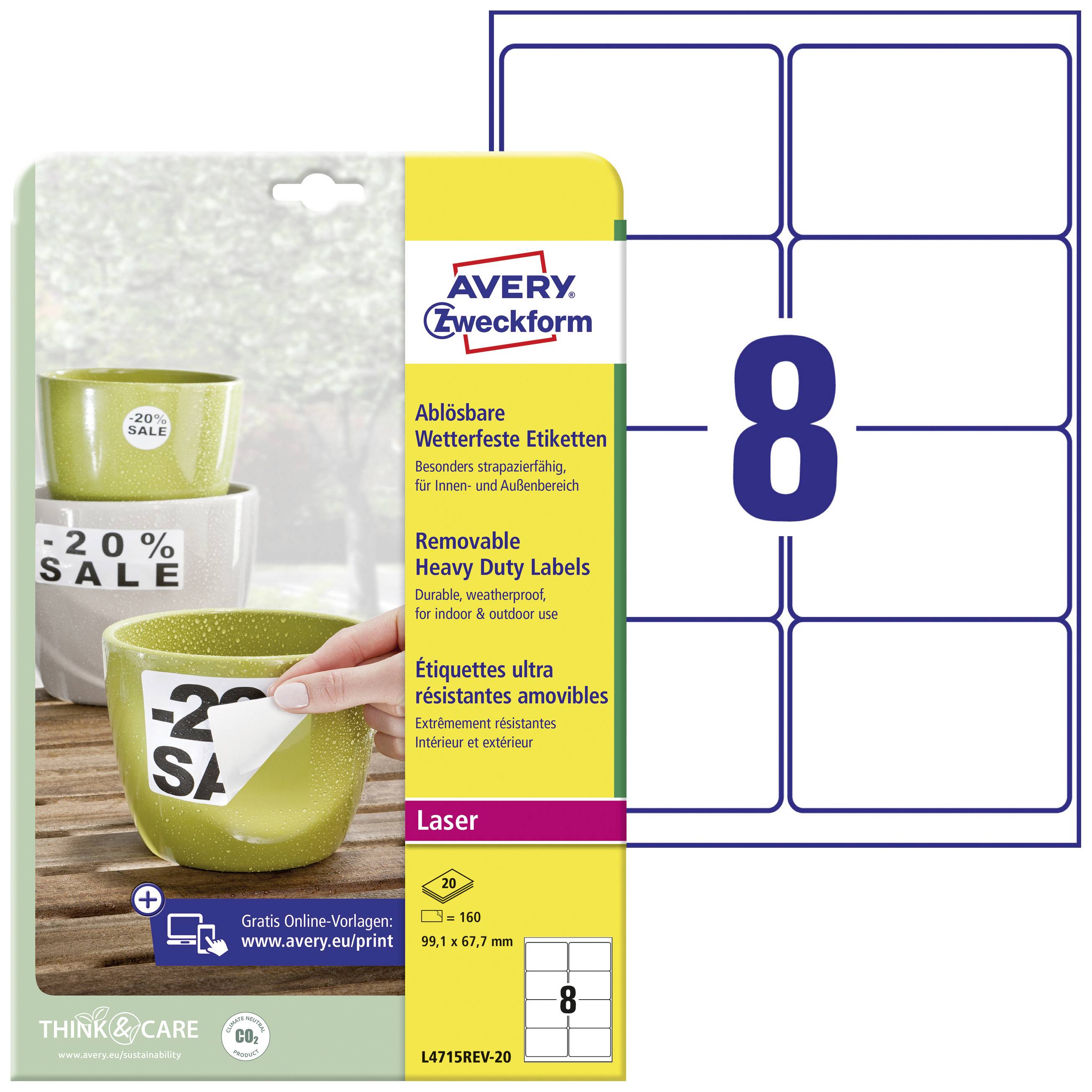 'AVERY Zweckform' weatherproof, removable labels for laser printers, 8 labels per sheet, ideal for sale discount promotions.