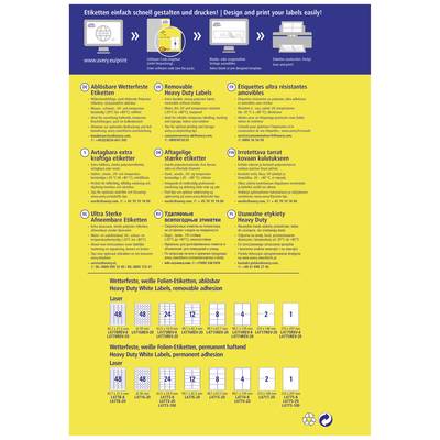 'Design and print your labels easily and quickly!' Including removable and ultra-strong labels. Tables show available formats and codes.