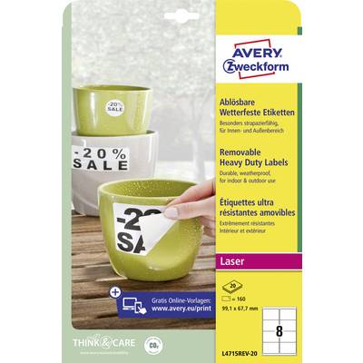 Packaging of Avery Zweckform labels. Pictured are removable, weatherproof labels with a '-20% SALE' discount.