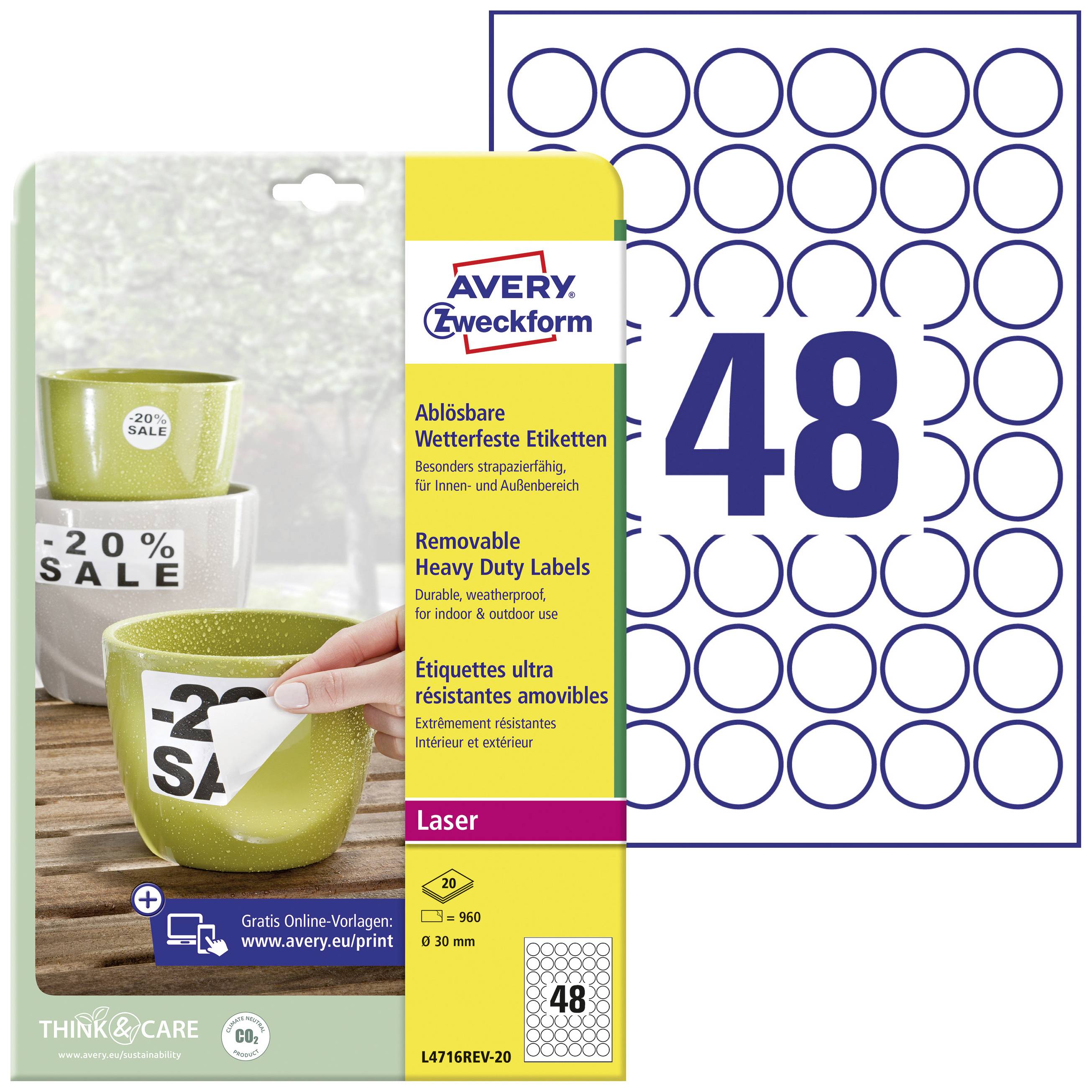 Avery-Zweckform L4716REV-20 Ø 30 mm Film White 960 pc(s) Removable Label film
