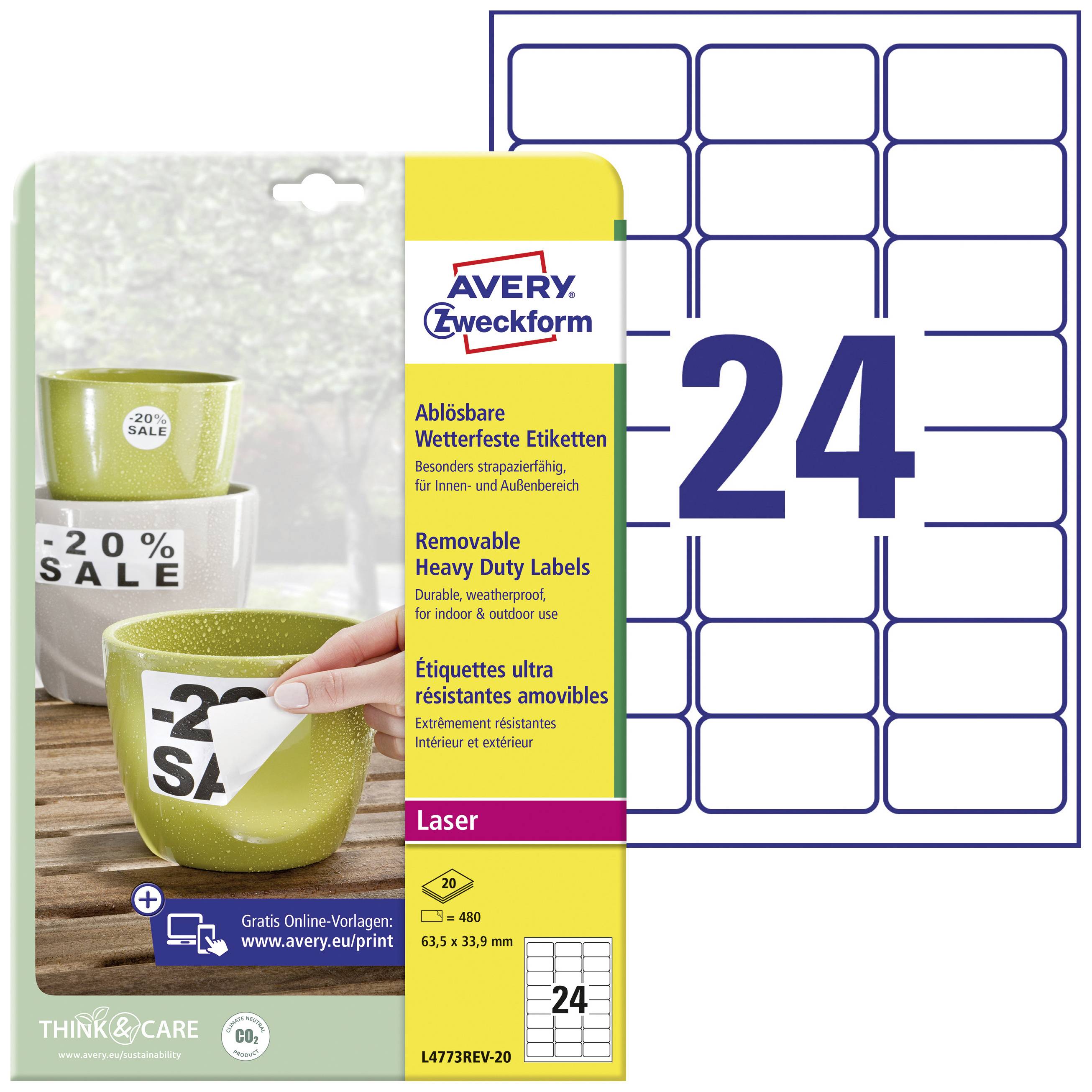 Avery-Zweckform L4773REV-20 63.5 x 33.9 mm Polyester film White 480 pc(s) Removable Label film