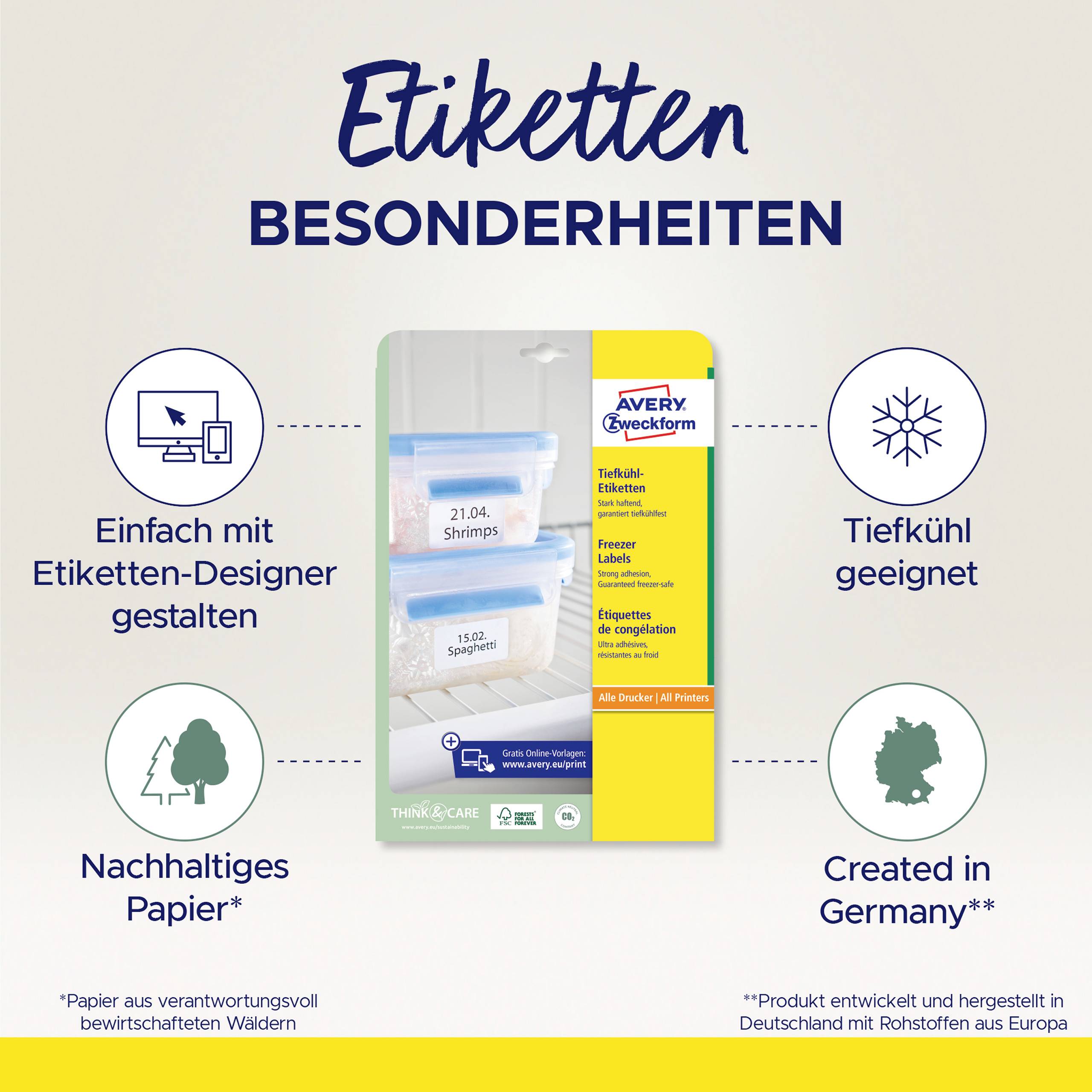 'Label Specifics' showcases an Avery Zweckform product. Properties: easy to design, for frozen goods, sustainable paper, manufactured in Germany.