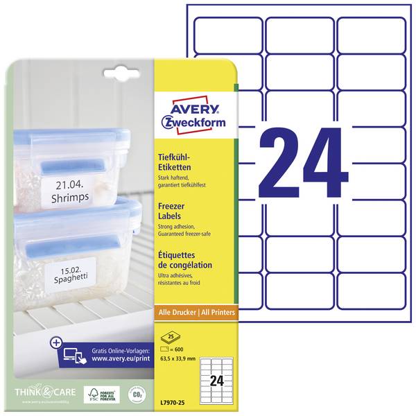 Avery-Zweckform L7970-25 Freezer labels 63.5 x 33.9 mm Paper White 600 pc(s) Permanent adhesive Inkjet printer, Laser printer, Laser, colour, Copier, Colour copier