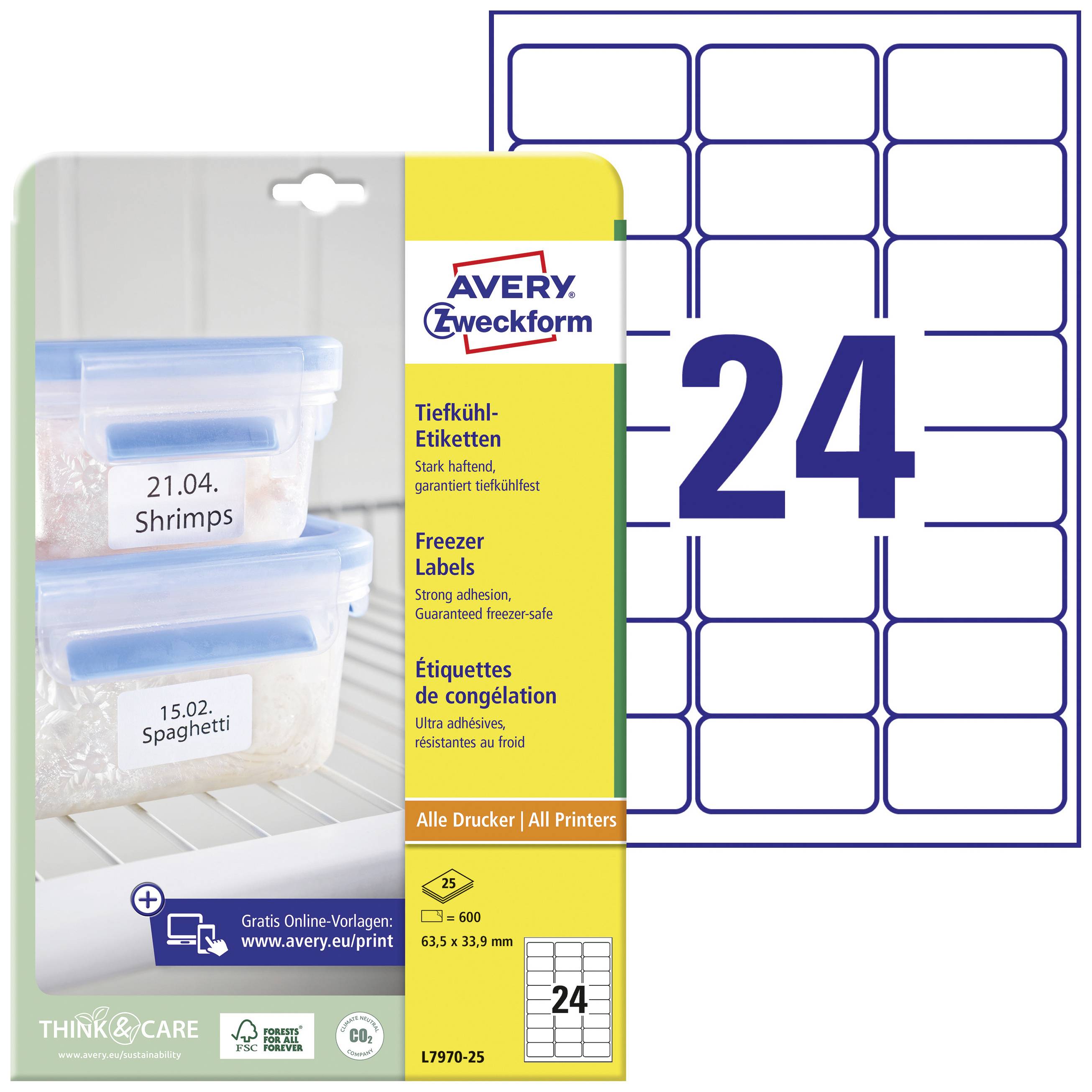 Avery-Zweckform L7970-25 Labels 63.5 x 33.9 mm Paper White 600 pc(s) Permanent adhesive Freezer labels Laser, Copier