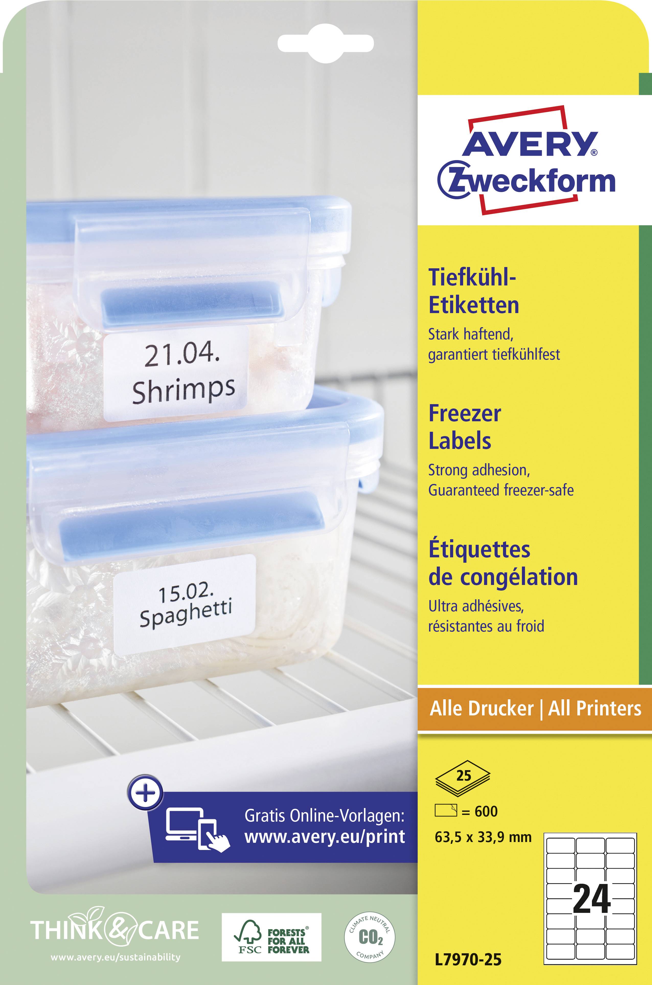 'Labels on freezer containers with date and contents, such as prawns and spaghetti. Avery Zweckform labels suitable for freezing.'