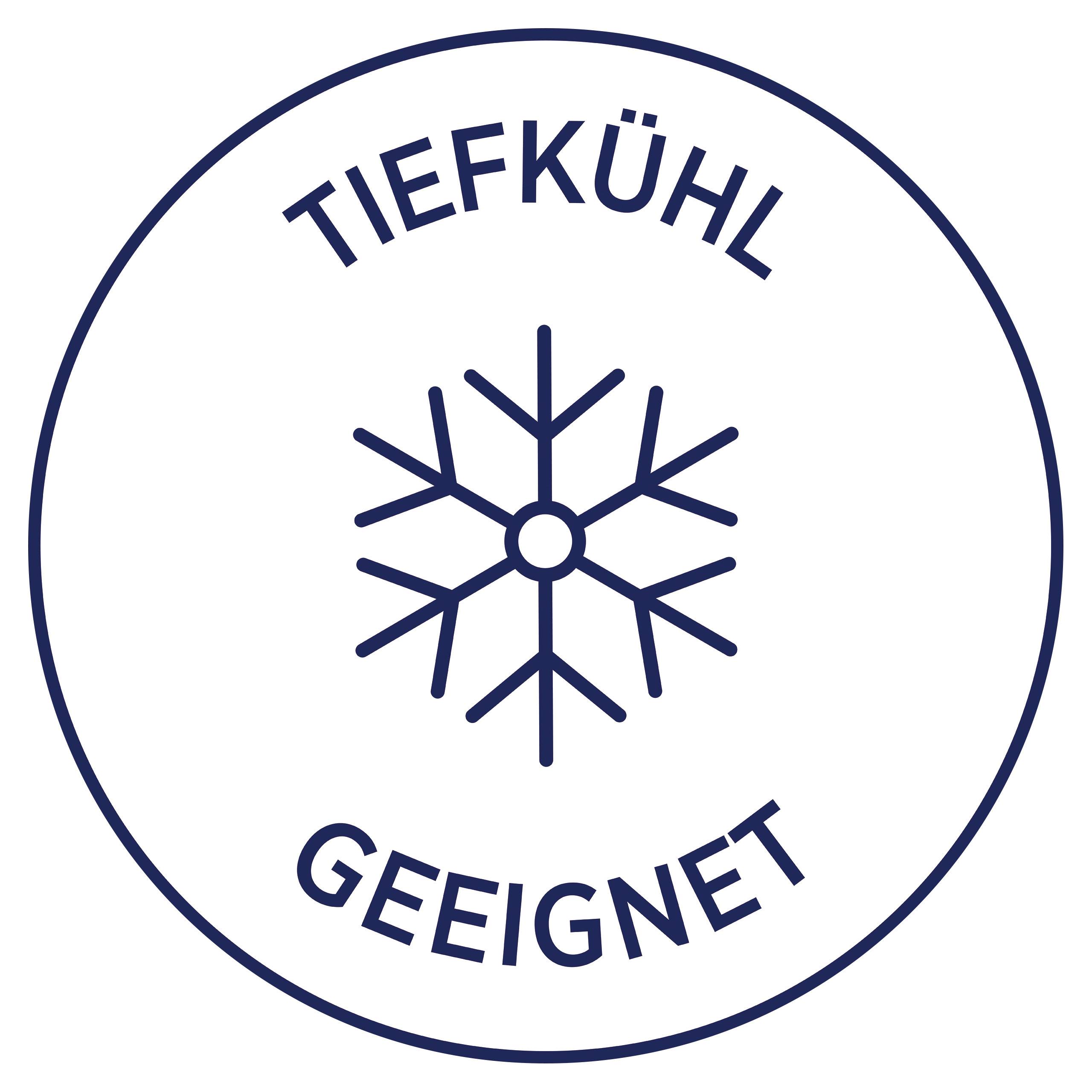 A circle contains a snowflake symbol and the text 'SUITABLE FOR FREEZING', which indicates suitability for freezing.