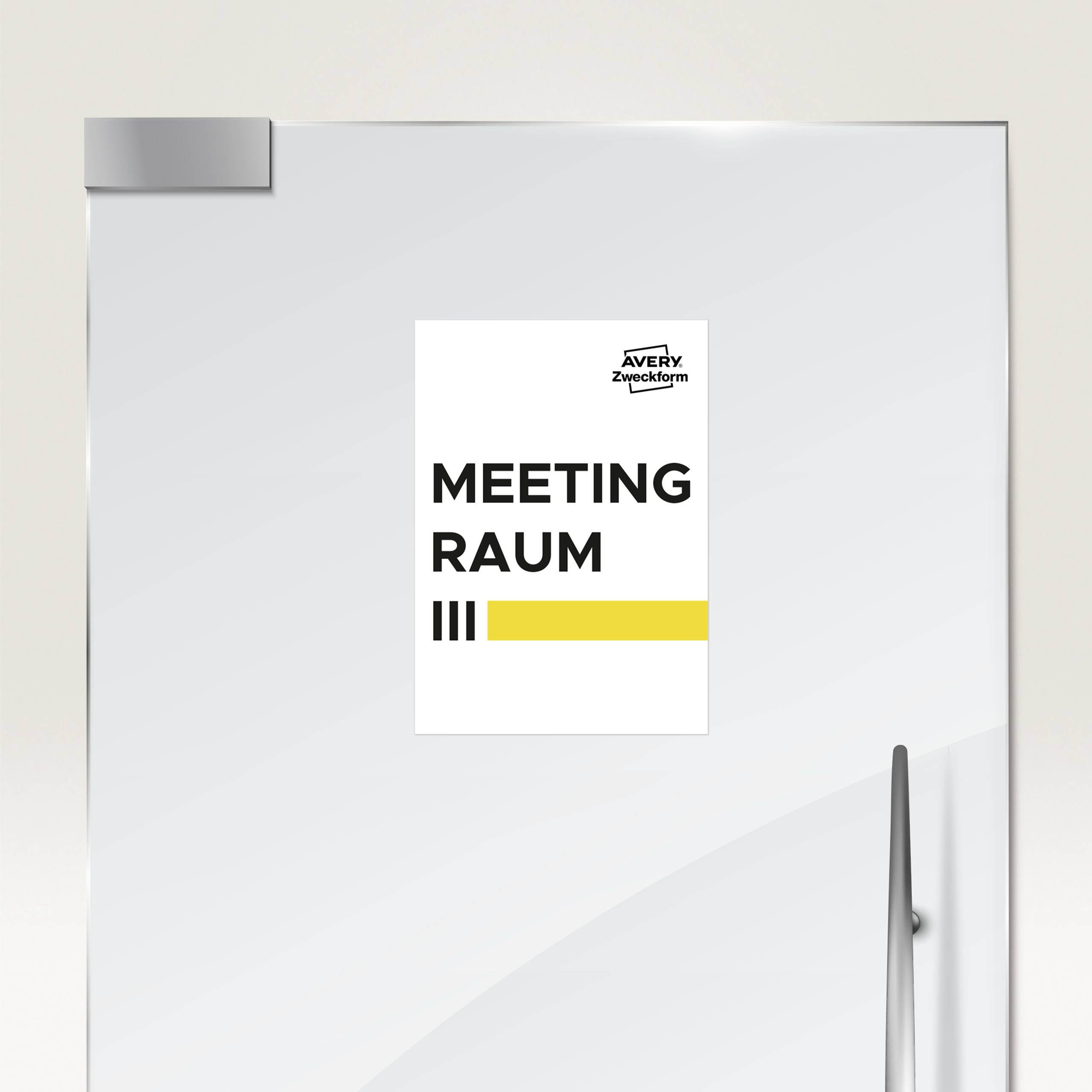 A door with a sign that says 'Meeting Room', with a yellow stripe underneath.