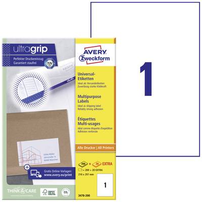 Avery-Zweckform 3478-200 All-purpose labels 210 x 297 mm Paper White 200 pc(s) Permanent adhesive Laser, colour, Laser p