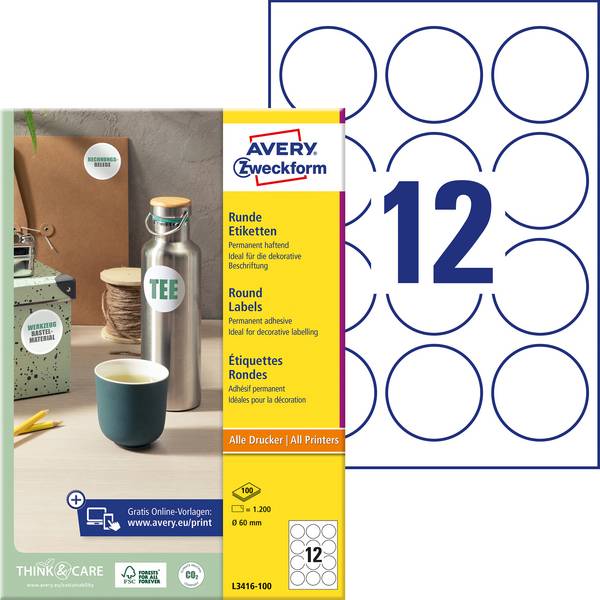 Avery-Zweckform L3416-100 All-purpose labels Ø 60 mm Paper White 1200 pc(s) Permanent adhesive Inkjet printer, Laser printer, Laser, colour, Copier, Colour copier, Manual labeling