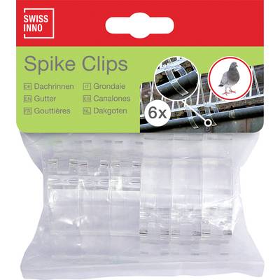 'Swiss Inno Spike Clips' packaging showing six clips for gutter use, with a pigeon deterrent image and text in multiple languages.