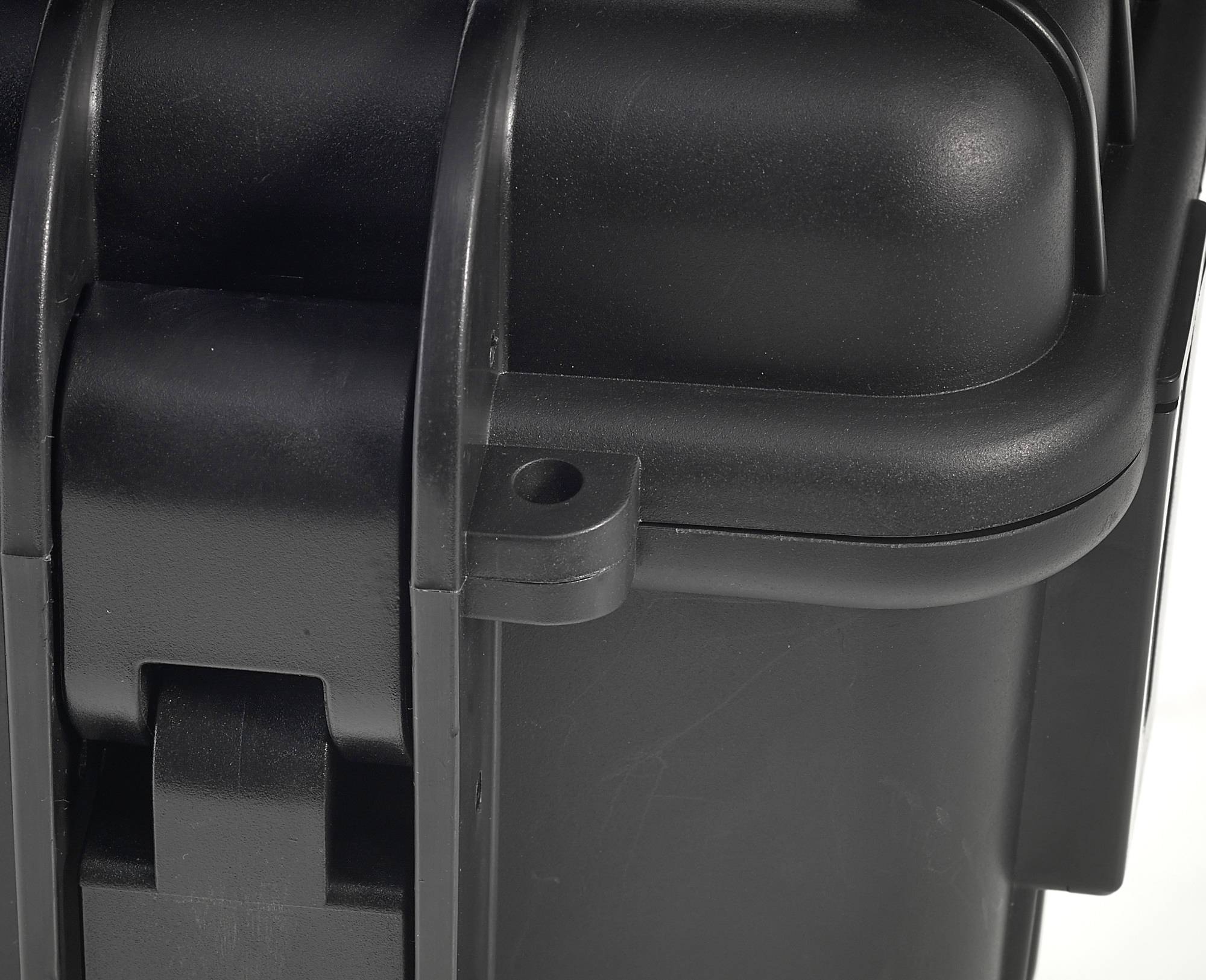 Black, robust plastic case with secure lock for safe transportation or storage of delicate items.