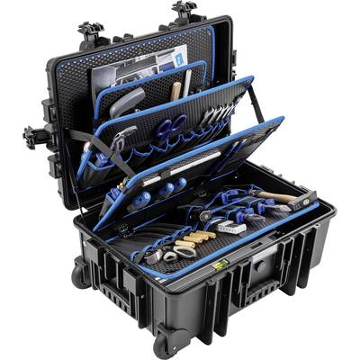 An open toolbox with various tools such as pliers, screwdrivers and scissors, neatly arranged in compartments.
