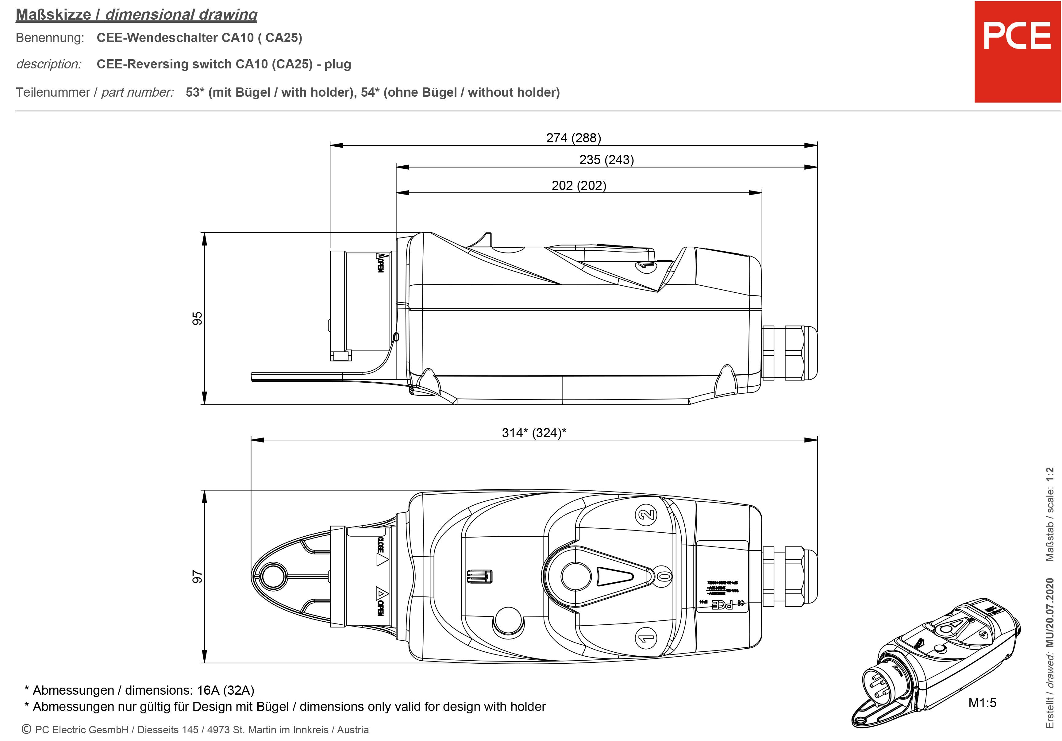 Technical drawing of a CEE changeover switch with dimensions. Side view shows lengths from 274 mm to 314 mm depending on design.