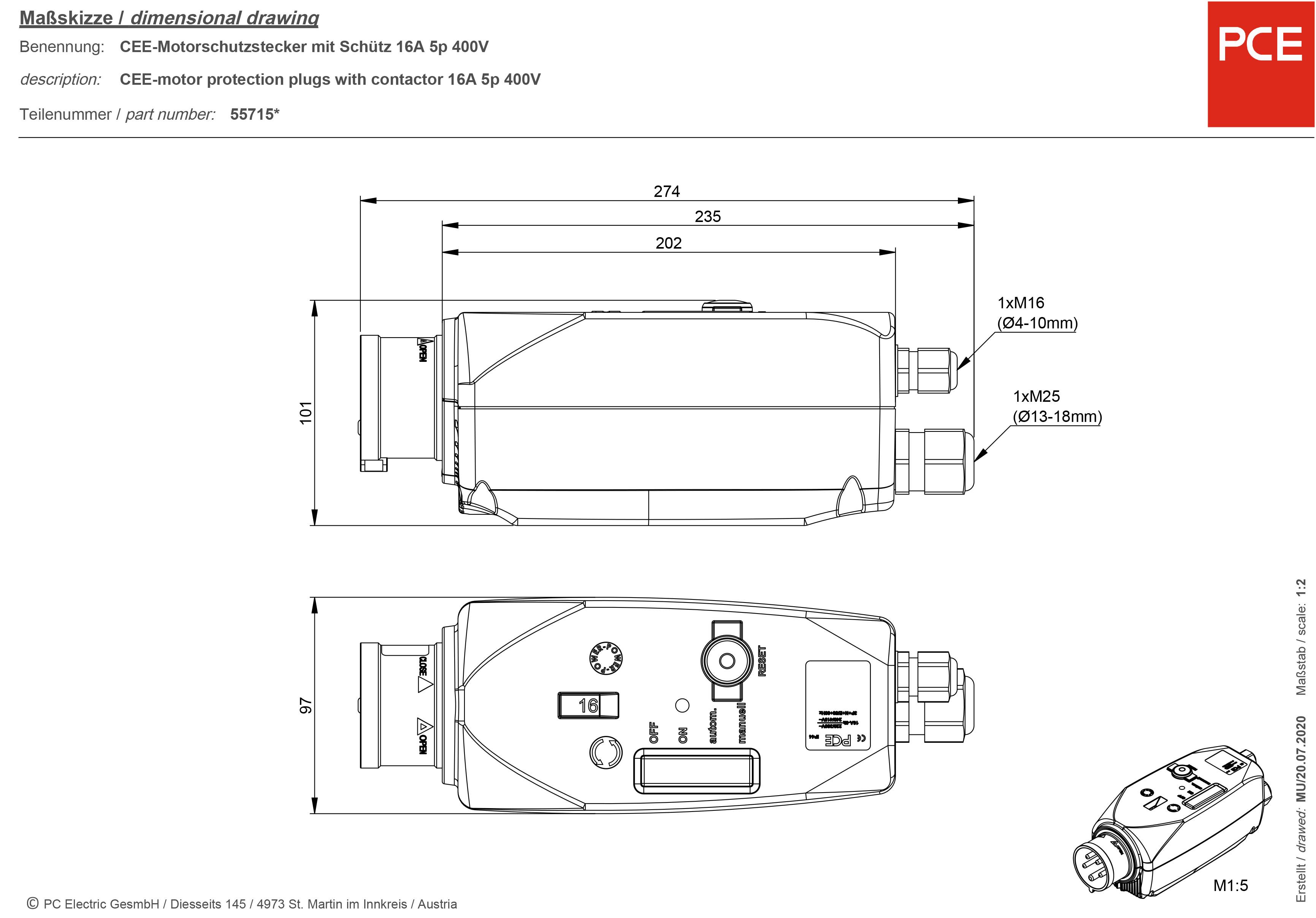 'Technical drawing of a CEE motor protection plug 16A, 5p, 400V. Detailed dimensions and component labelling are present.'