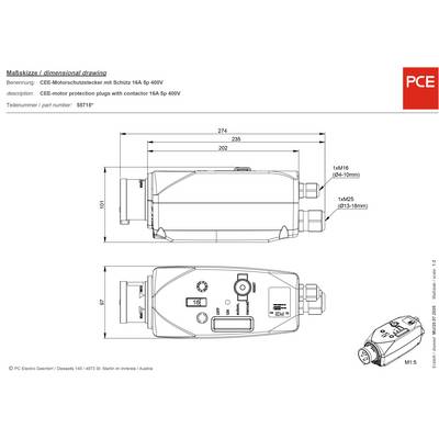 'Dimensional drawing of CEE motor protection plug, 16A, 5-pole, 400V, with dimensions: Length 274 mm, Width 92 mm, Height 102 mm.'