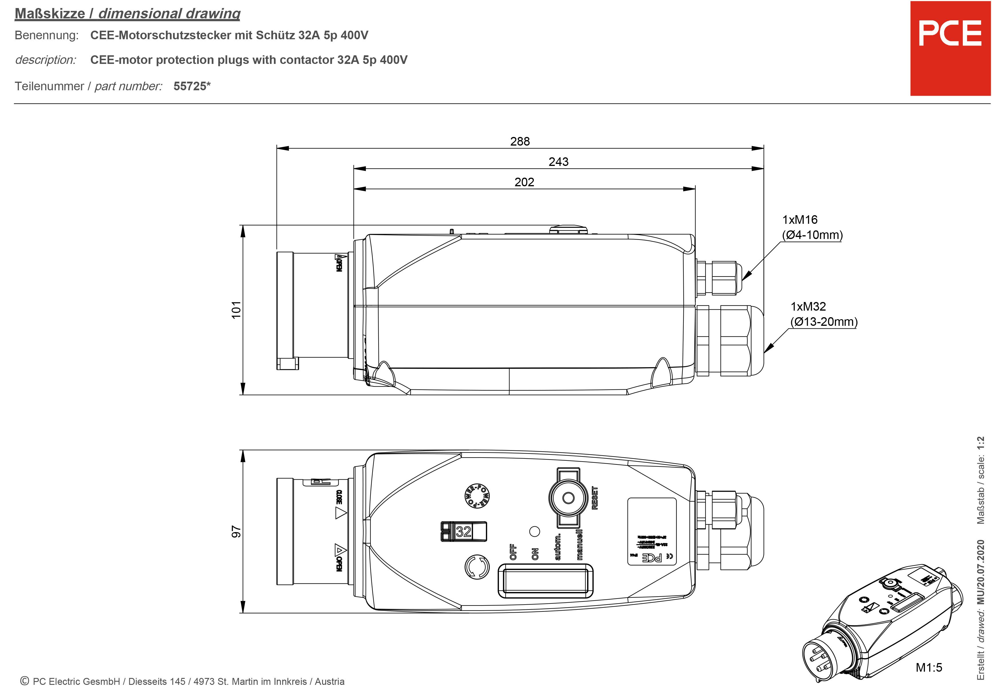 'Dimensional drawing of a CEE motor protection plug. Dimensions and technical details are shown, including length and width.'