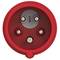 Red industrial plug with three round contacts, used for power supply in industrial environments.