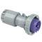 Grey and purple electrical plug, cylindrical shape, shown from the side, displays CE marking on the side.