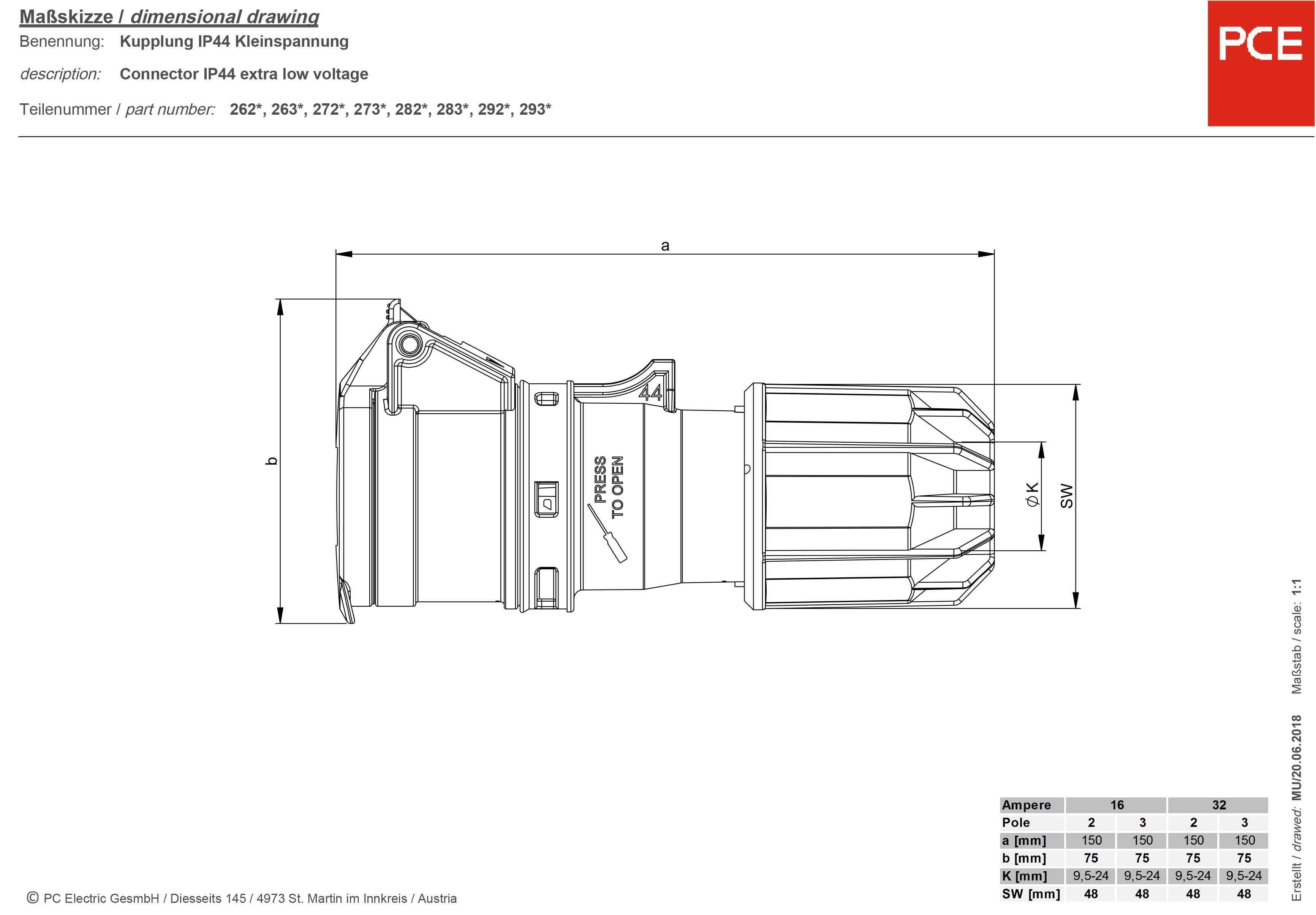 Dimensioned drawing of a coupling plug with IP44 protection for low voltage. Left: Plug view, right: Dimensions in mm.