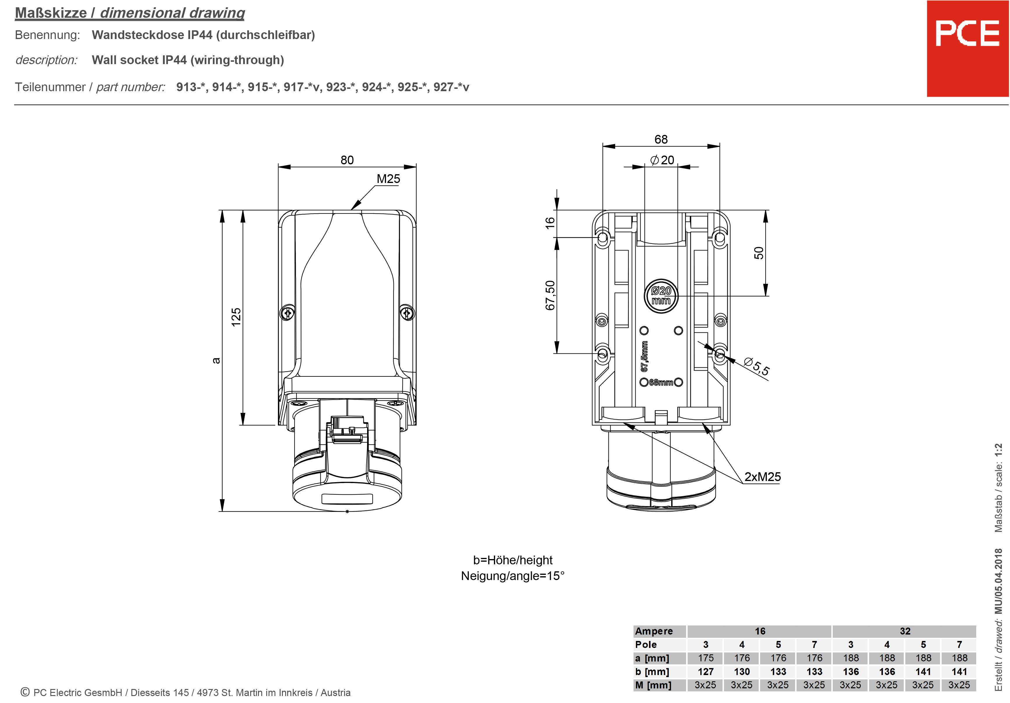 Technical Drawing of a Wall Socket IP44. Shows front and side views with technical details and dimensions in millimetres.