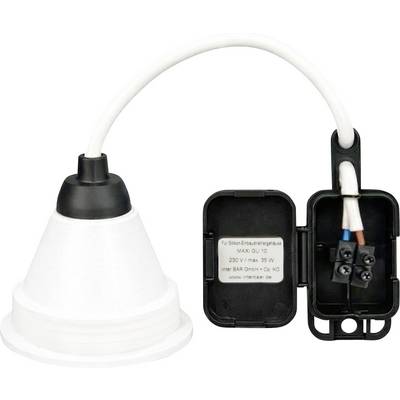 A white hanging light fixture with an open back showing wiring connections and a label: 'Max 35W, 230V'.
