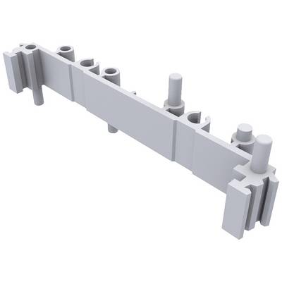 A grey mechanical adapter or connector with multiple slots and pins, likely designed for installation in a technical device.