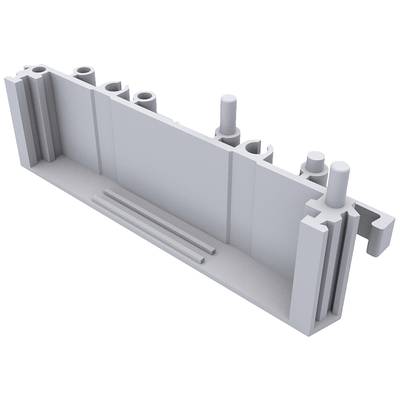 'Grey, rectangular plastic profile with multiple vertical and horizontal grooves and cylindrical pins on the top surface.'