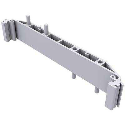 Grey, rectangular plastic component with multiple openings and protruding pins. Used for mechanical fastening.