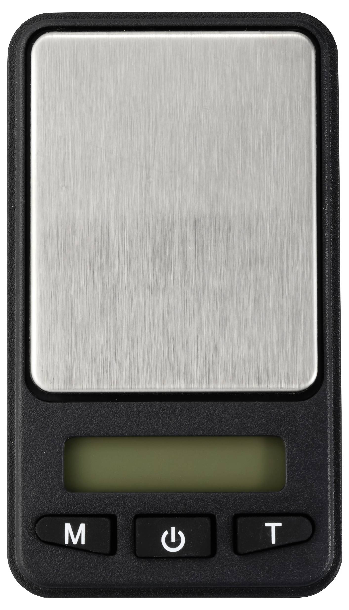 Digital kitchen scales with a stainless steel platform and display, with three buttons underneath labelled 'M', 'T' and a power on/off symbol.