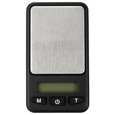 Digital kitchen scales with a stainless steel platform and display, with three buttons underneath labelled 'M', 'T' and a power on/off symbol.