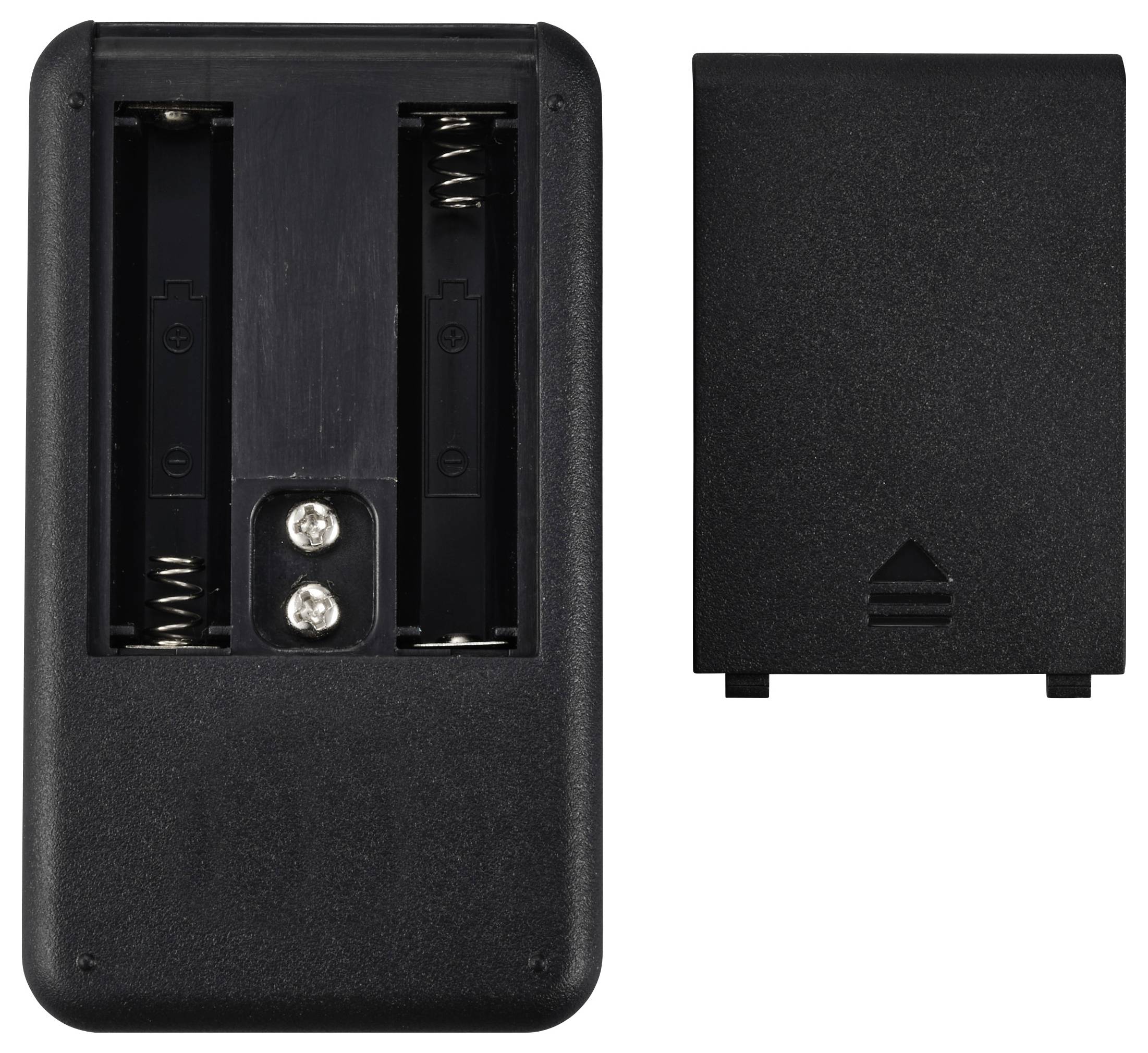 Black battery compartment with a removable lid, suitable for two AA batteries. Lid shows an arrow marking.