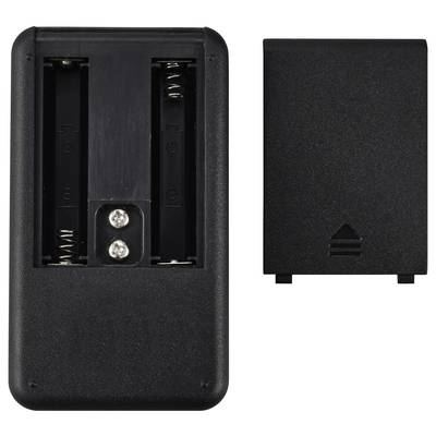 Black battery compartment with a removable lid, suitable for two AA batteries. Lid shows an arrow marking.