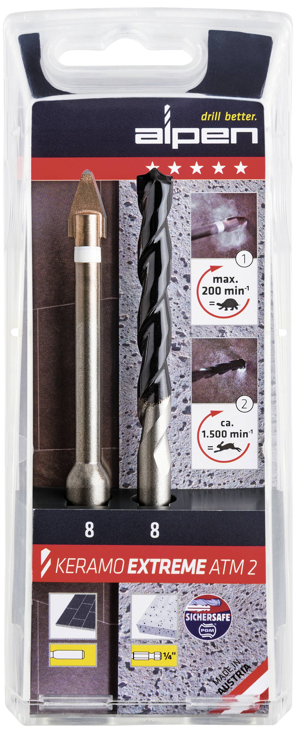 Alpen Keramo extreme ATM2 300082100 Tile and glass drill bit set 2-piece 8 mm 1/4 (6.3 mm), Cylinder shank 1 Set