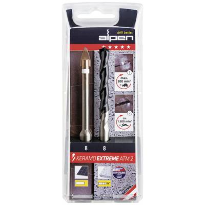 'Drill set in blister pack with two drills: one with a tungsten carbide tip and a spiral drill. Suitable for ceramics, max. 200 rpm, approx. 1,500 rpm. For tiles and bricks.'