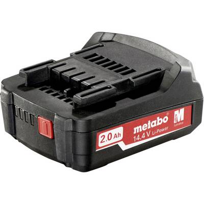 A black Metabo battery with a red label '2.0 Ah 14.4 V Li-Power'. Suitable for cordless tools.