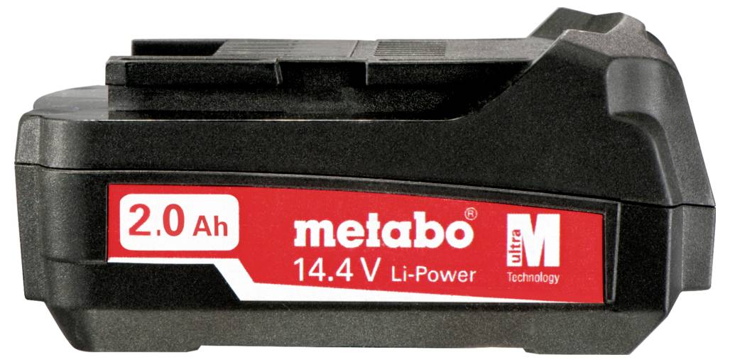 A black and red Metabo 14.4V 2.0 Ah Li-Power battery pack featuring Ultra M technology, shown from the side.