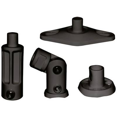 Four black plastic components in various shapes for assembly or connection purposes, including joint and mounting elements.