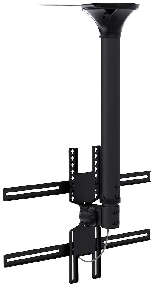 Black ceiling-mounted TV bracket with adjustable height and tilt angle. Suitable for flat-screen televisions. Ideal for spacious rooms.