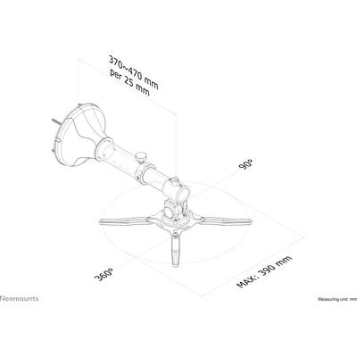 'Projector ceiling mount with flexible arm, extendable from 370-470 mm, rotatable 360°, tiltable up to 90°, maximum radius 390 mm.'