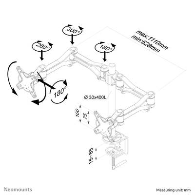 Diagram of a monitor arm: Shows rotation angles of 180°, 260°, 300° and height adjustment of 15-85 mm. Maximum width 1,110 mm.