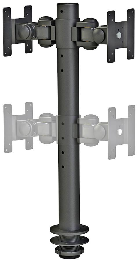 Black dual monitor mount, enables vertical stacking of two monitors on a central support pole.