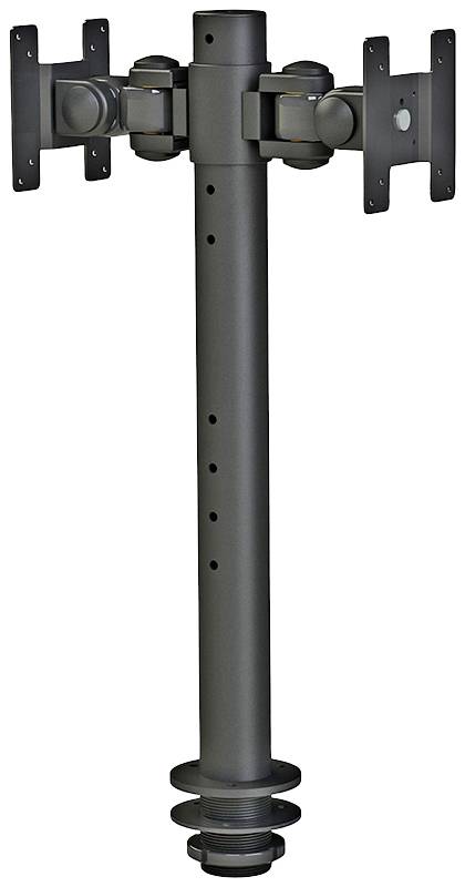 'Black dual monitor mount with adjustable arms and secure clamps for desk attachment.'